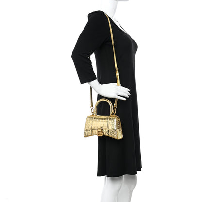 Balenciaga Metallic Calfskin Crocodile Embossed Small Hourglass Top Handle Bag Gold 2 of 9
