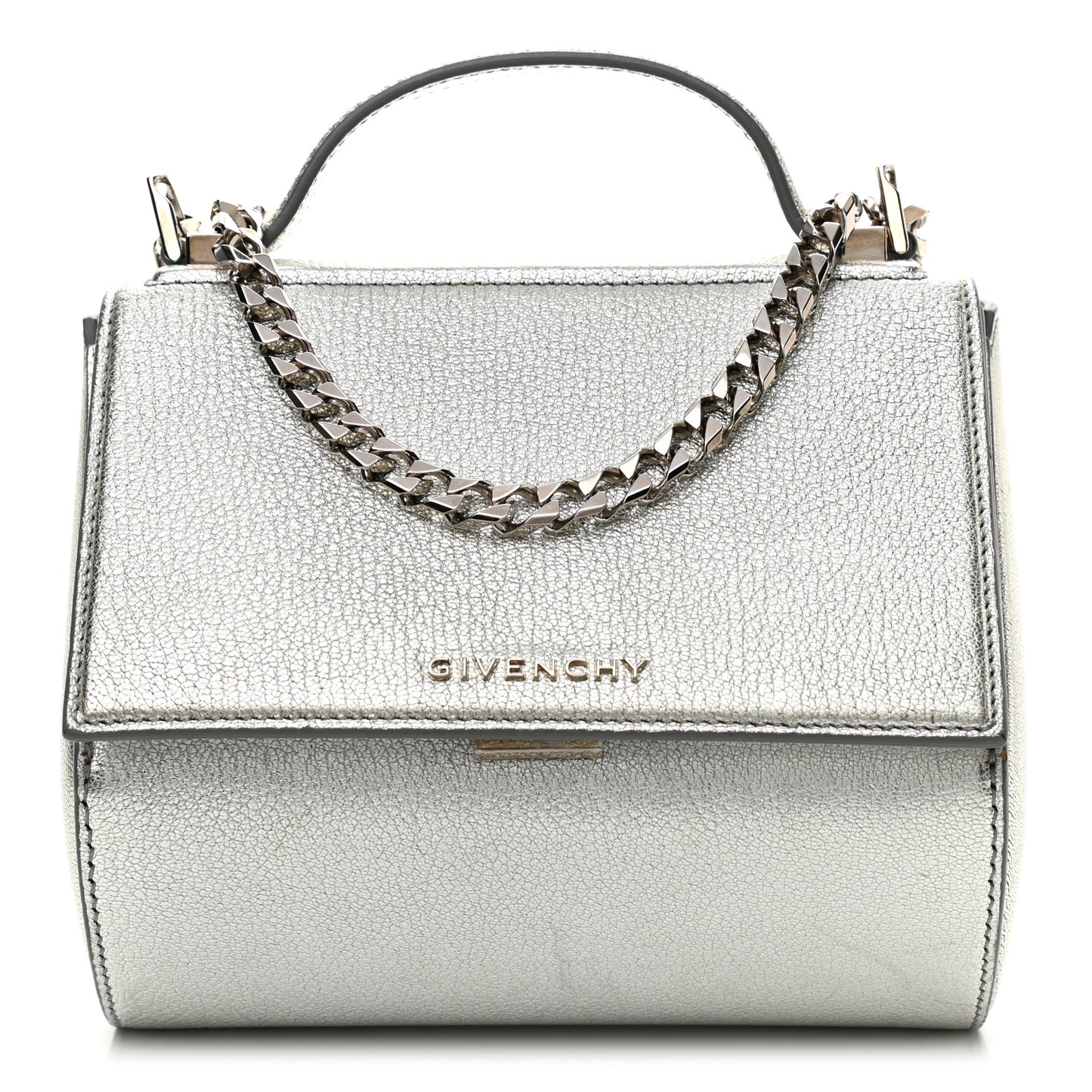 Metallic Calfskin Mini Pandora Box Chain Crossbody Bag Silver