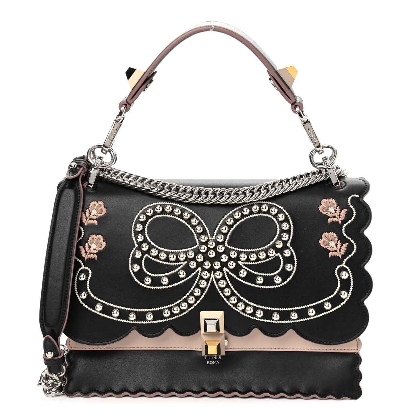 Vitello Liberty Pearl Bi-Color Flowers and Bow Scalloped Studded Kan I Shoulder Bag Black Soap
