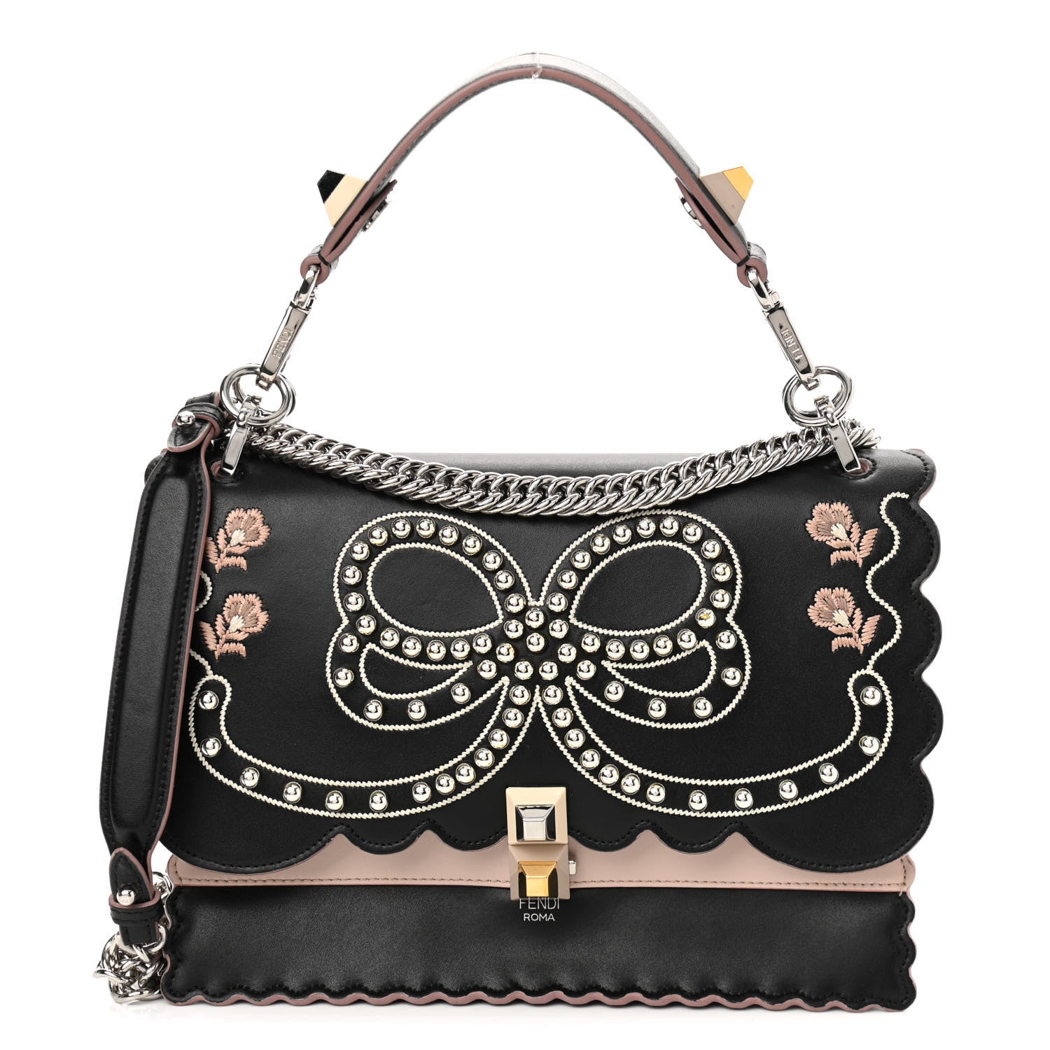 Fendi Vitello Liberty Pearl Bi-Color Flowers and Bow Scalloped Studded Kan I Shoulder Bag Black Soap 1 of 11