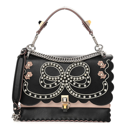 Fendi Vitello Liberty Pearl Bi-Color Flowers and Bow Scalloped Studded Kan I Shoulder Bag Black Soap 1 of 11