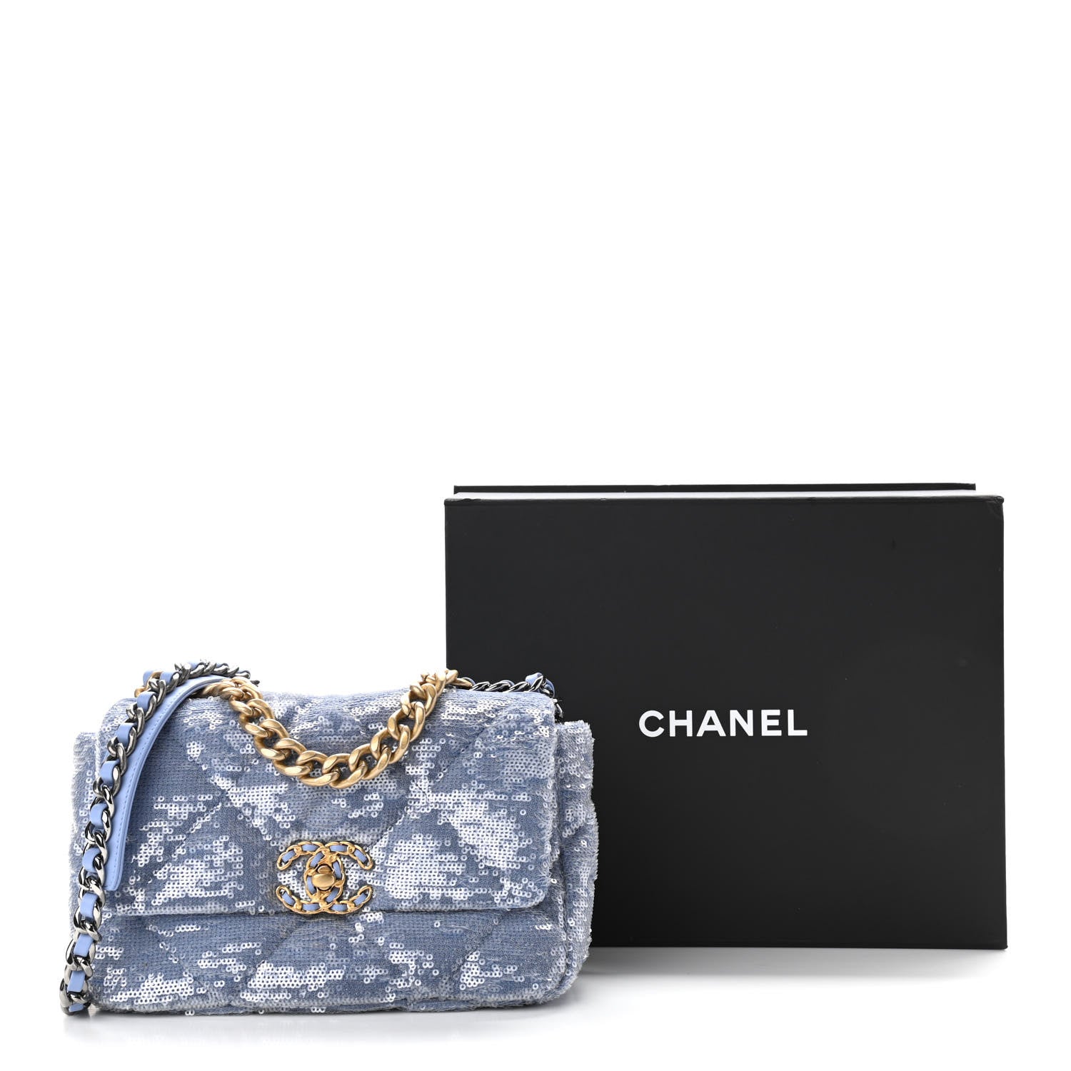 Chanel Sequin Quilted Medium Chanel 19 Flap Light Blue 12 of 14
