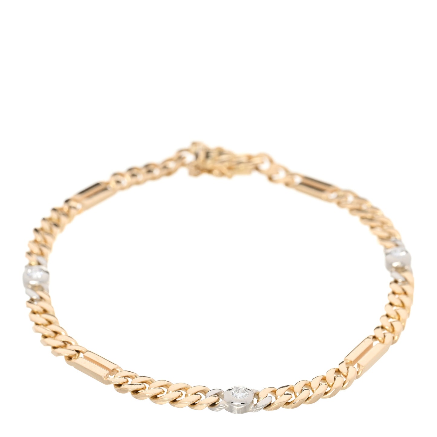 18K Yellow White Gold Diamond .25ct Bezel Station Curb Chain Bracelet