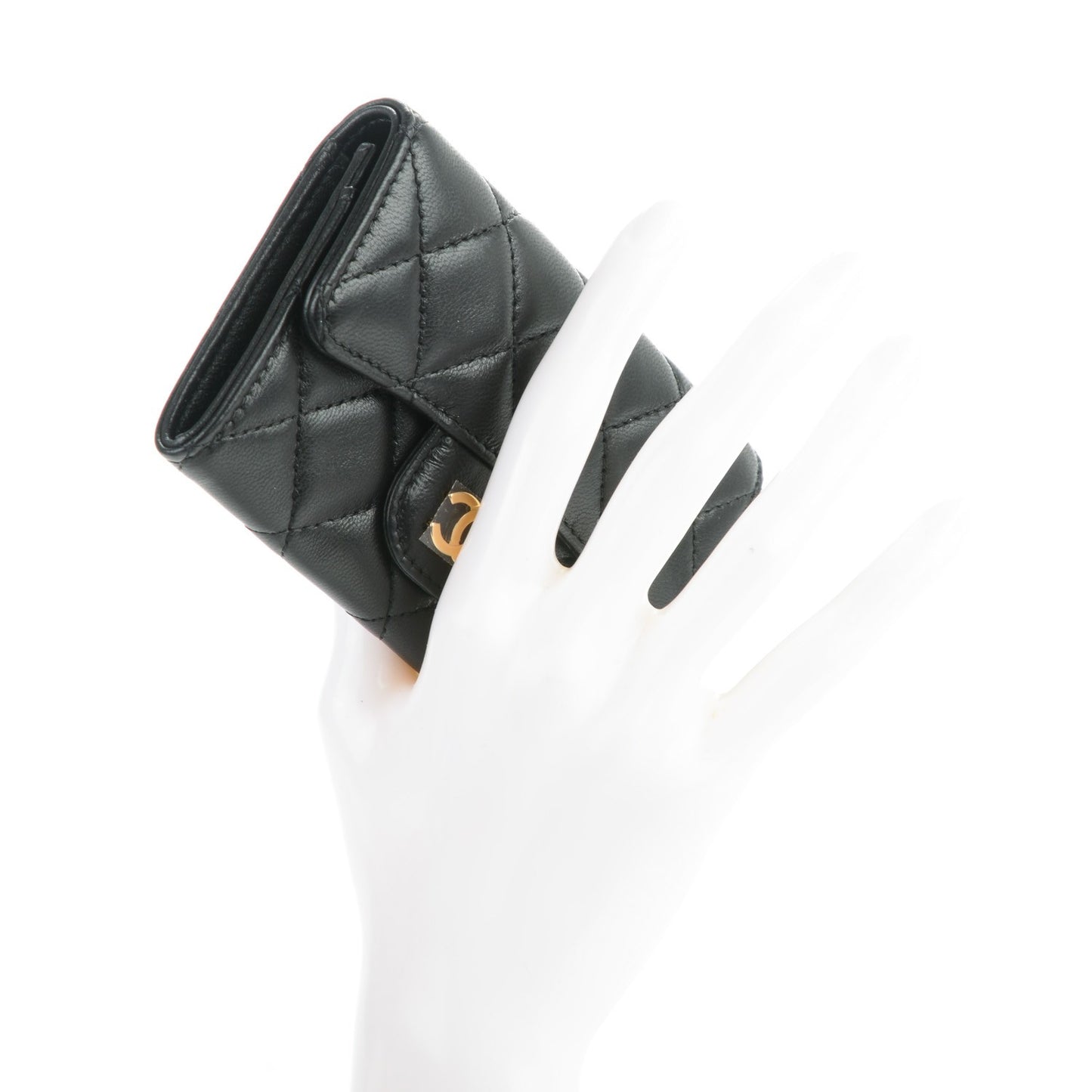 Lambskin Quilted Flap Card Holder Black