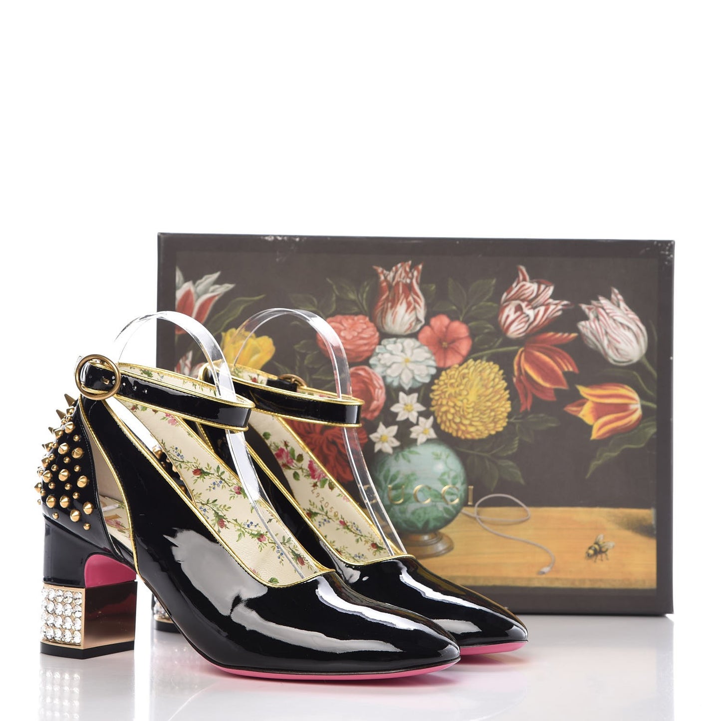 Patent Studded Crystal Block-Heel Pumps 37.5 Black Gold