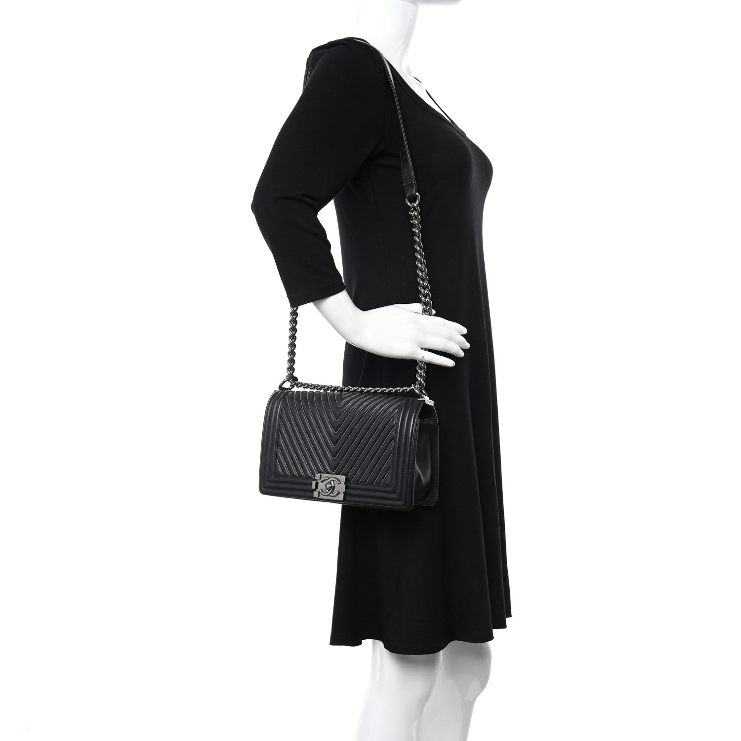 Chanel Calfskin Chevron Quilted Medium Chain Boy Flap Black 2 of 13