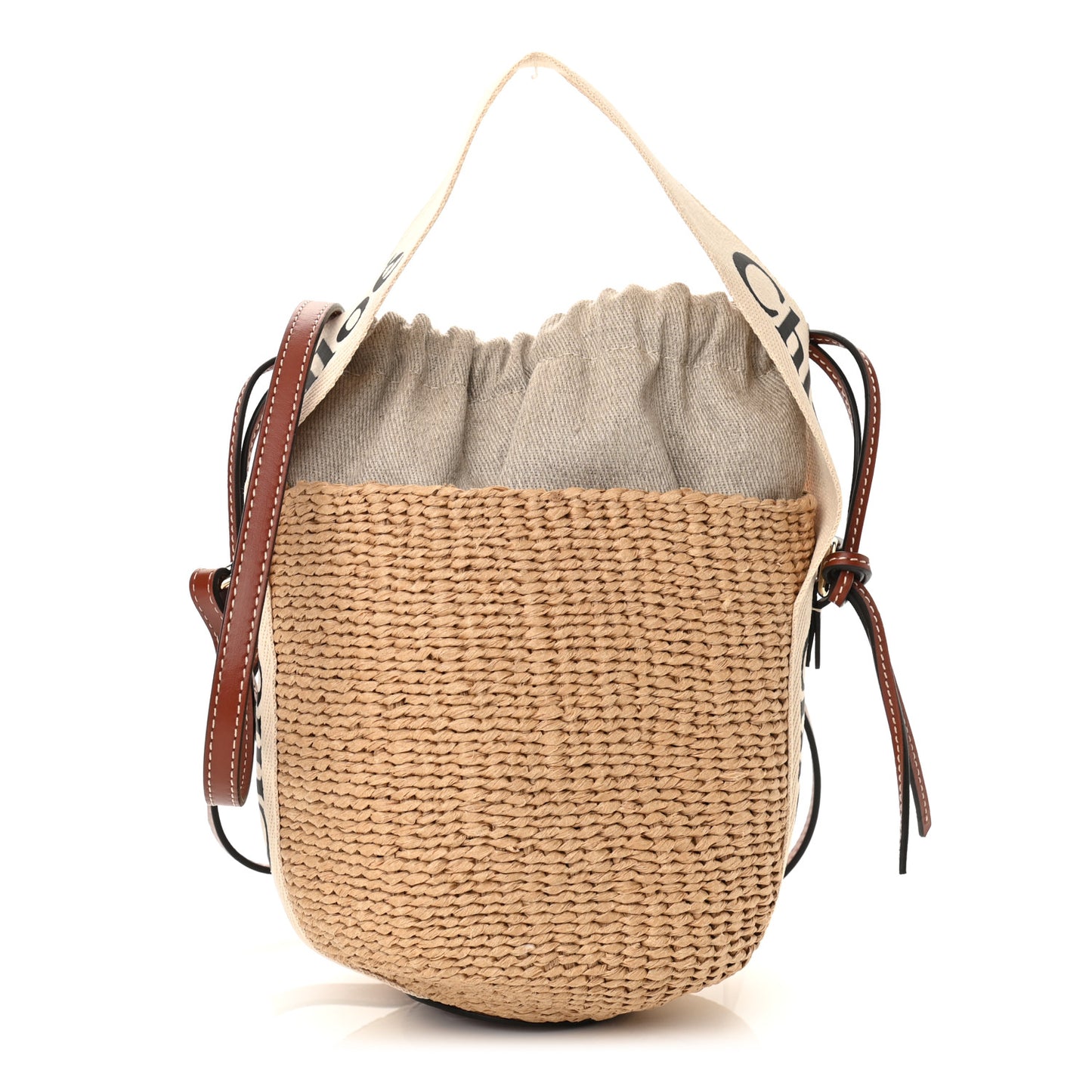 Raffia Calfskin Small Woody Basket Bag Brown