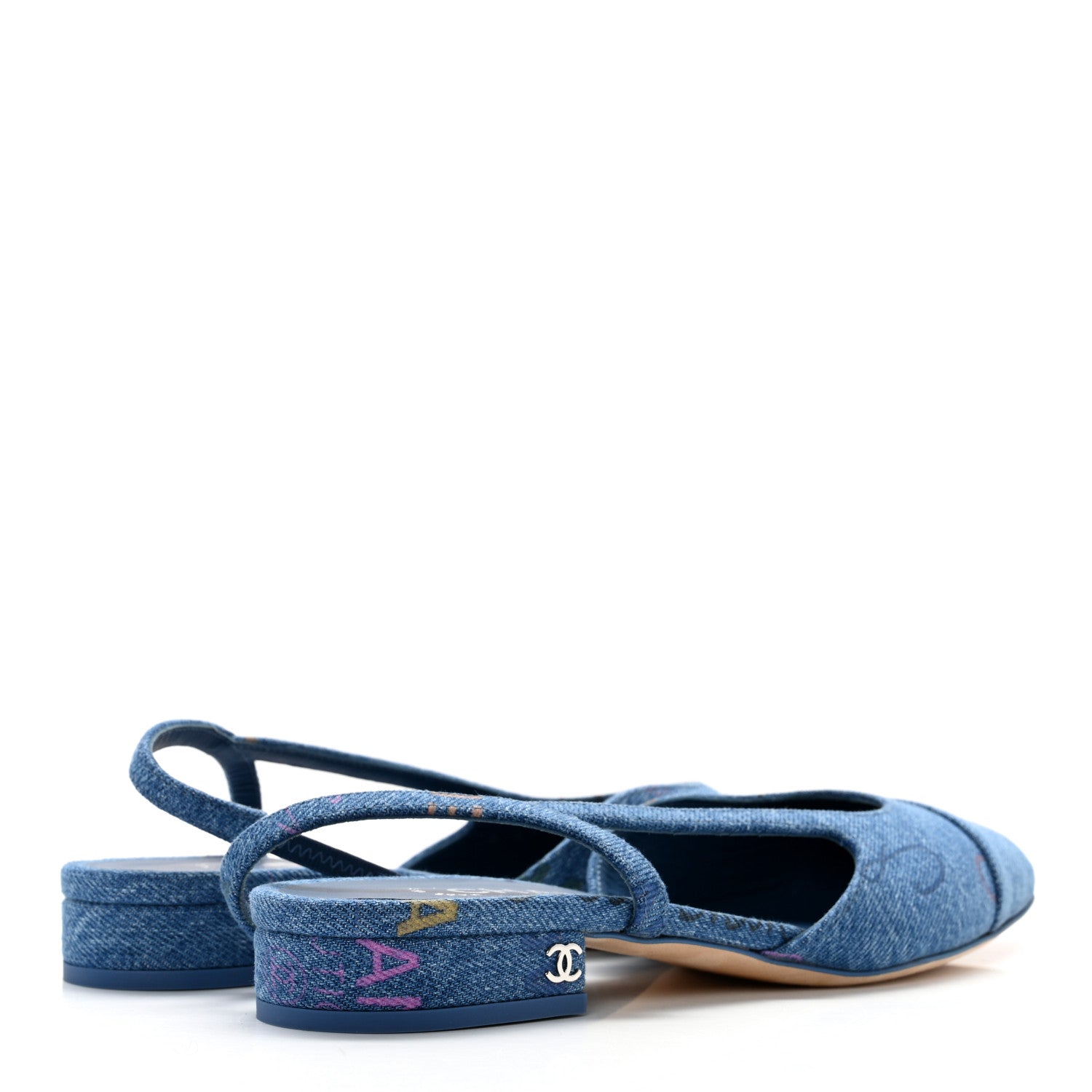 Chanel Denim Cap Toe CC Slingback Flats 37.5 Light Blue Multicolor 4 of 10
