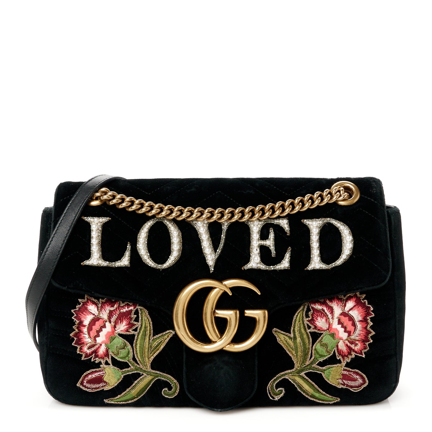 Velvet Matelasse Loved Embroidered Medium GG Marmont Shoulder Bag Black