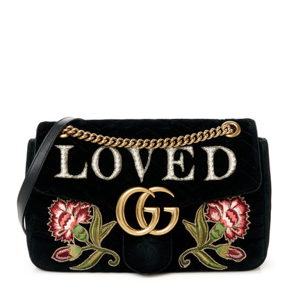 Gucci Velvet Matelasse Loved Embroidered Medium GG Marmont Shoulder Bag Black 1 of 11