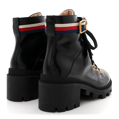 Gucci Calfskin Sylvie Web Womens Lace Up Combat Boots 38 Black 5 of 11