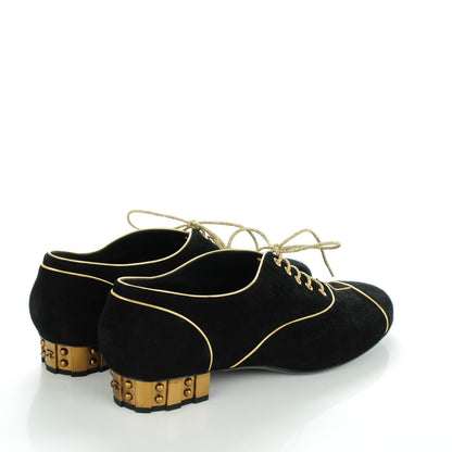 Chanel Suede Lace Up Oxfords 40.5 Black Gold 4 of 8