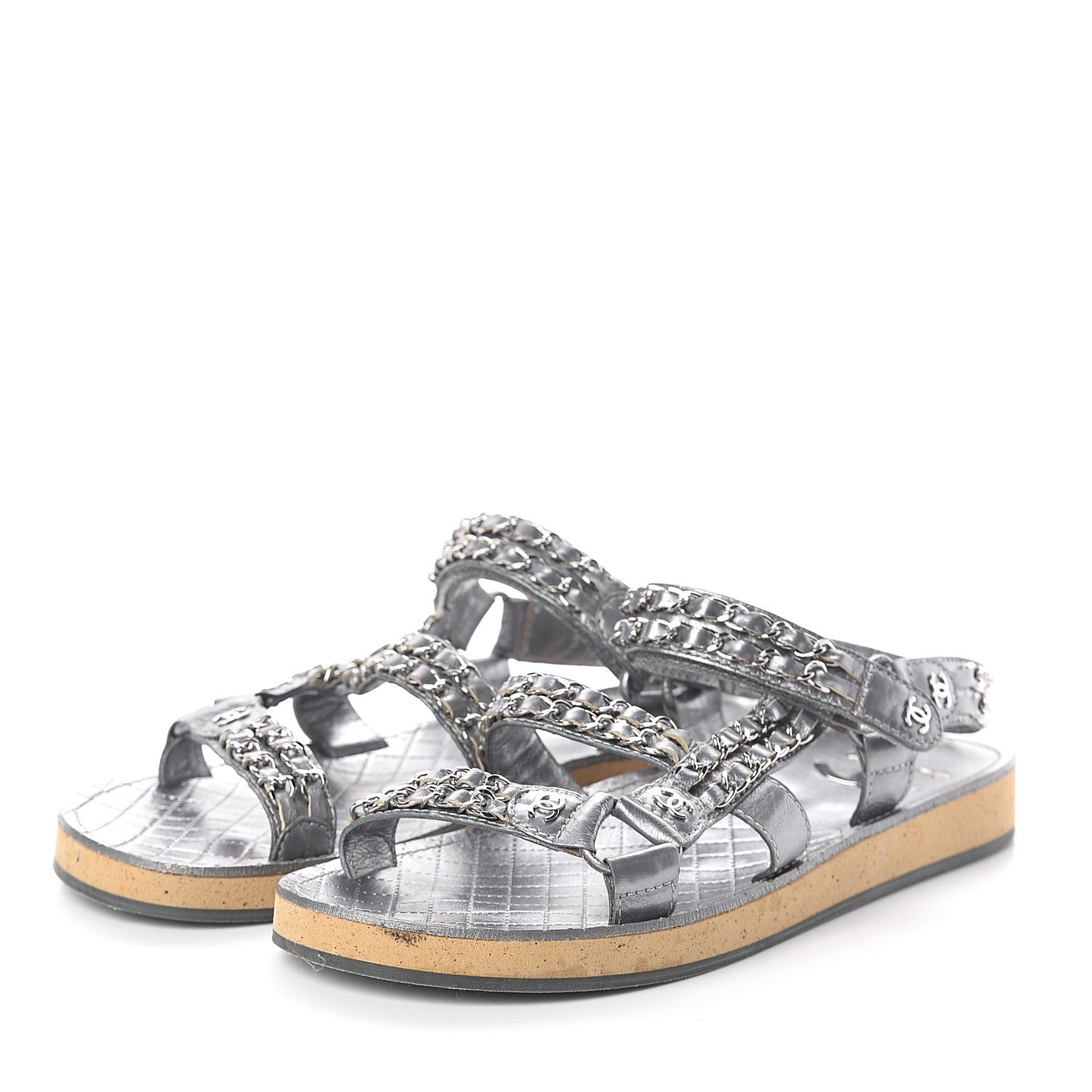 Metallic Lambskin Chain Sandals 40 Silver