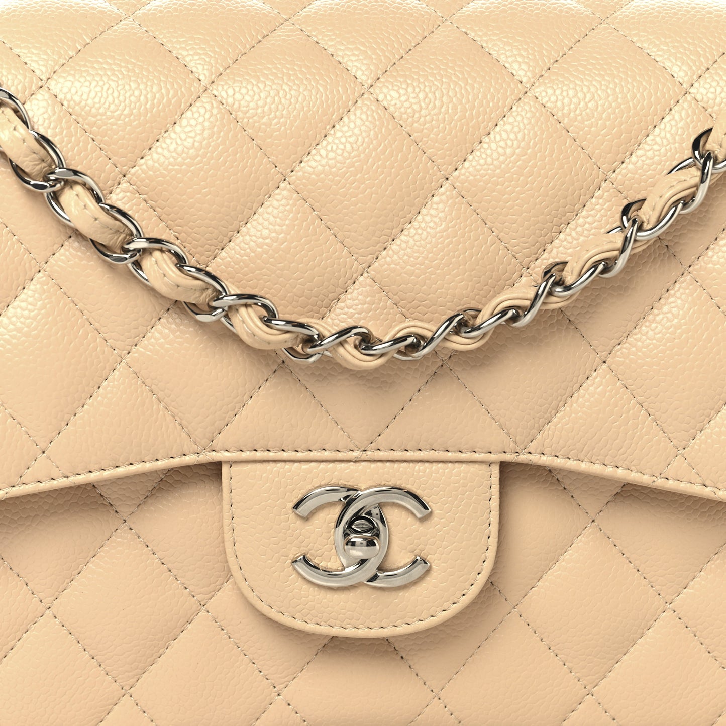 Caviar Quilted Jumbo Double Flap Beige