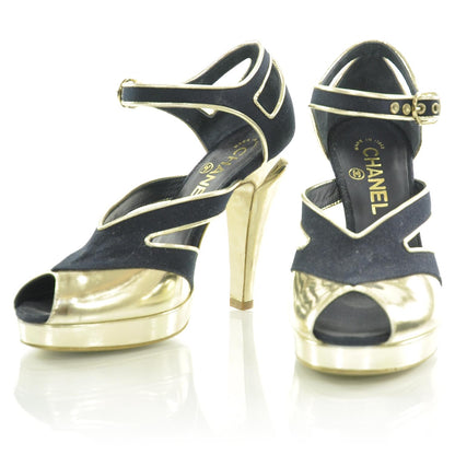 Chanel Linen CC Heels 36 Navy Gold 1 of 9