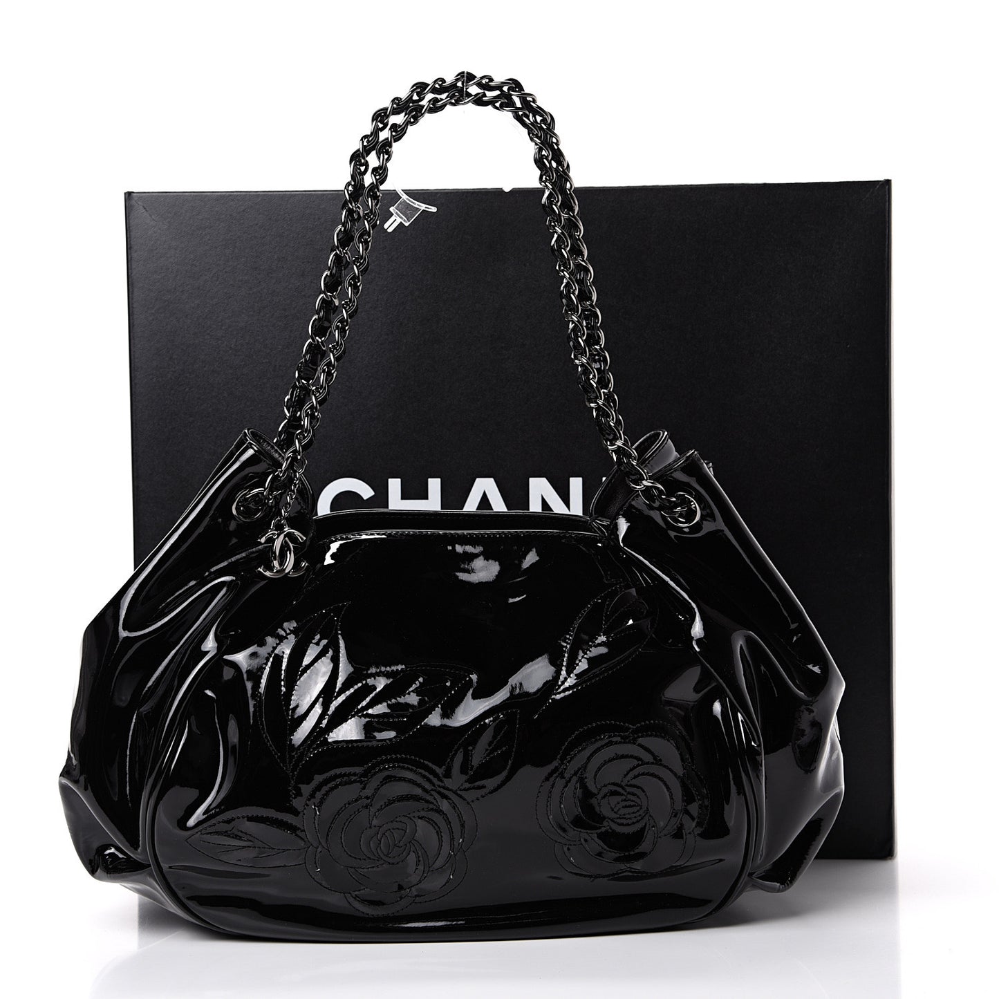 Patent Camellia Shoulder Bag Black
