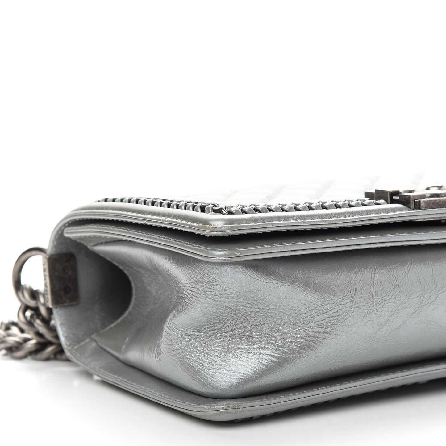 Metallic Calfskin Quilted Medium Boy Top Handle Flap Silver