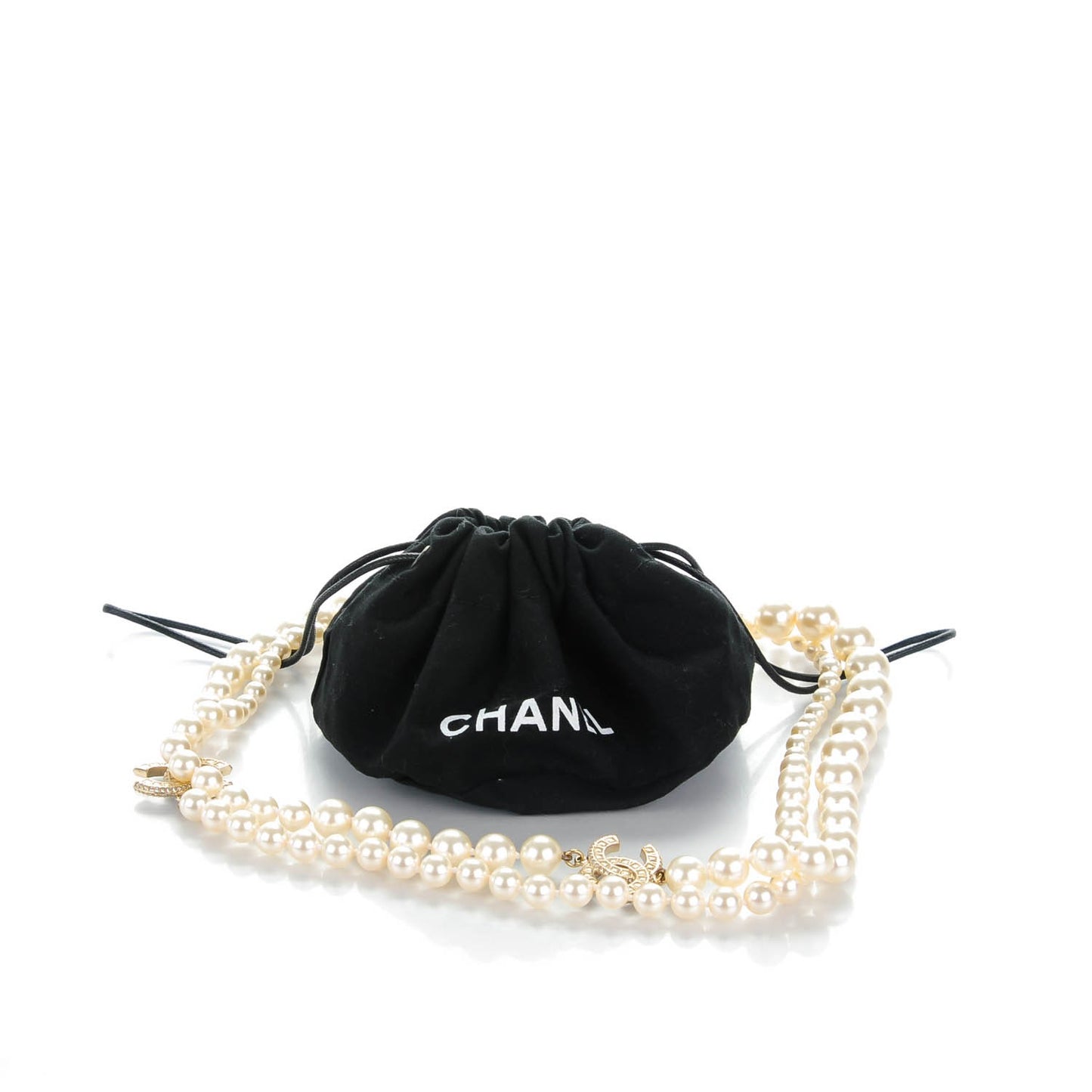 Baguette Crystal Pearl CC Long Necklace Gold