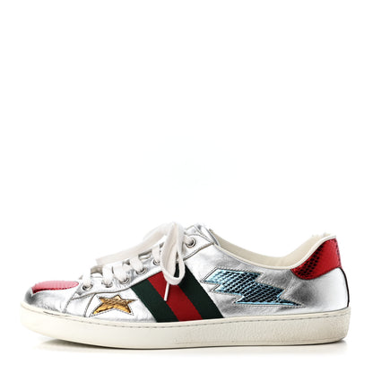 Gucci Metallic Nappa Ayers Web Lightning Bolt Embroidered Mens Ace Sneakers 8.5 Silver 1 of 4