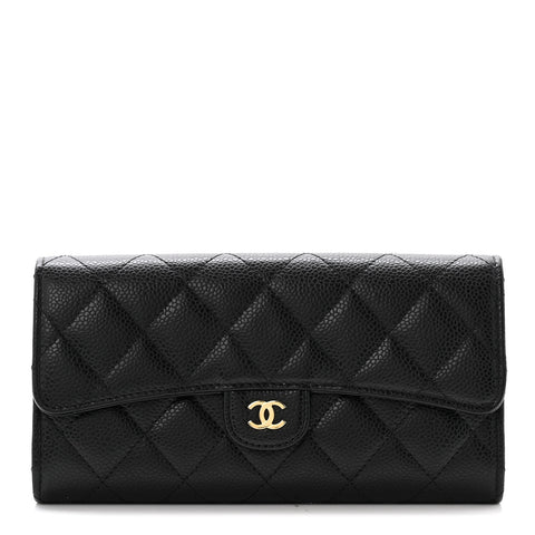 Caviar Quilted Large Gusset Flap Wallet Black