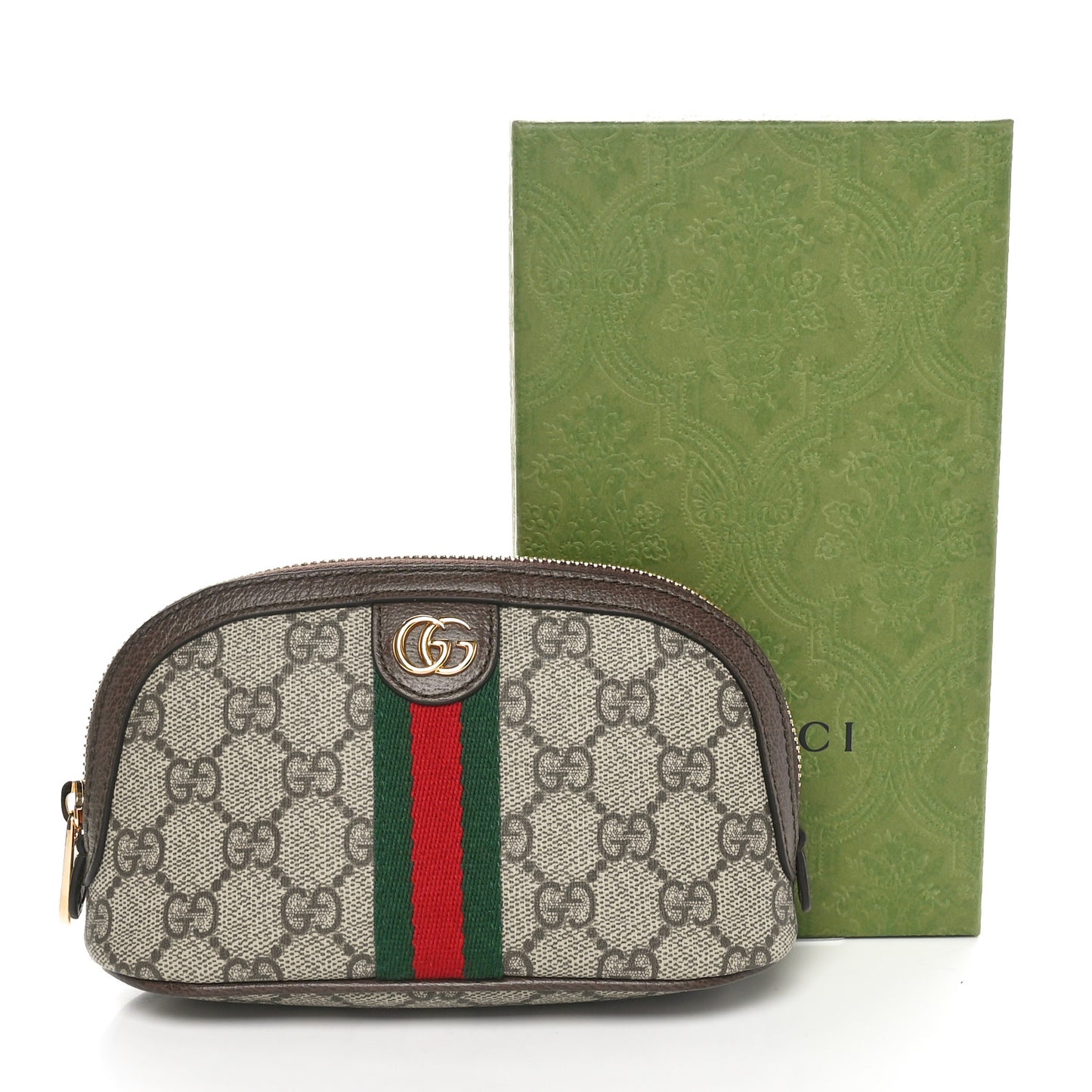 GG Supreme Monogram Textured Calfskin Web Medium Ophidia Cosmetic Case Beige Ebony New Acero