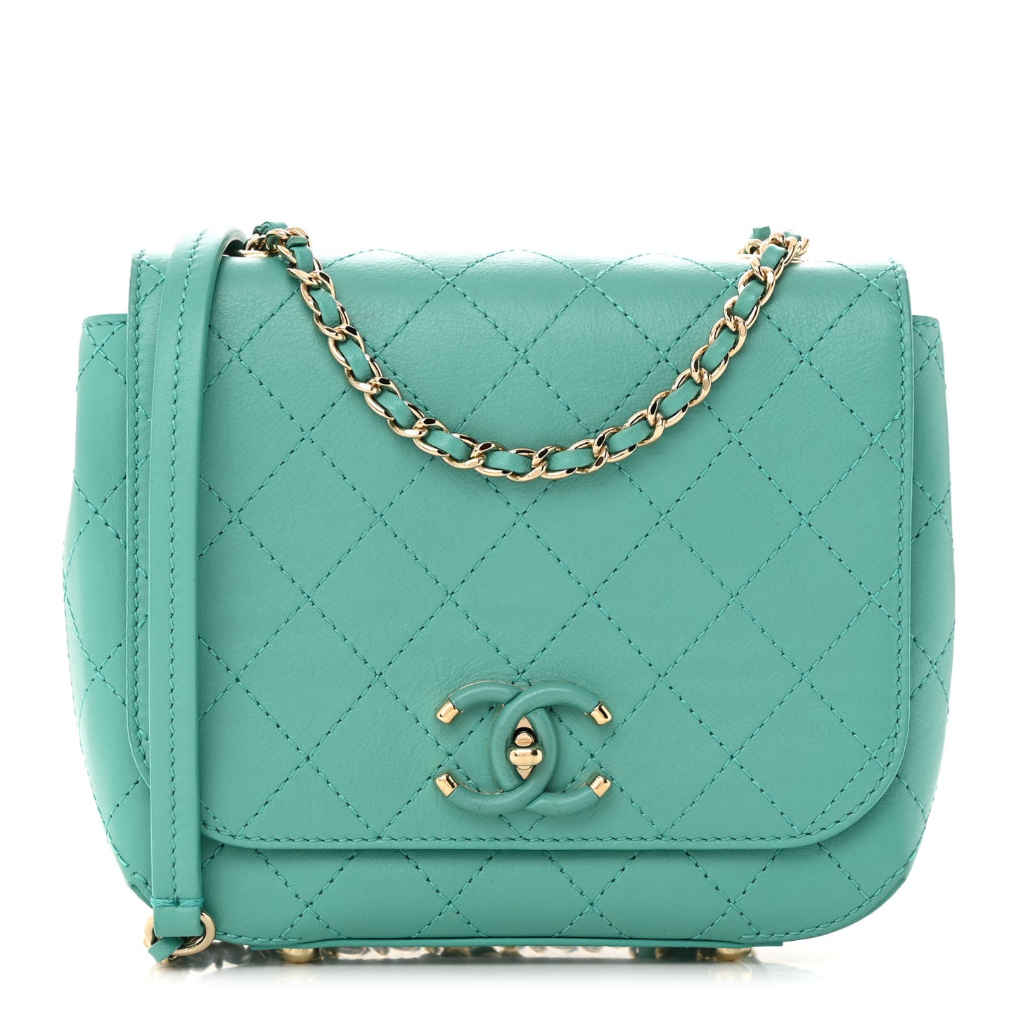 Calfskin Stitched Small Covered CC Flap Bag Green