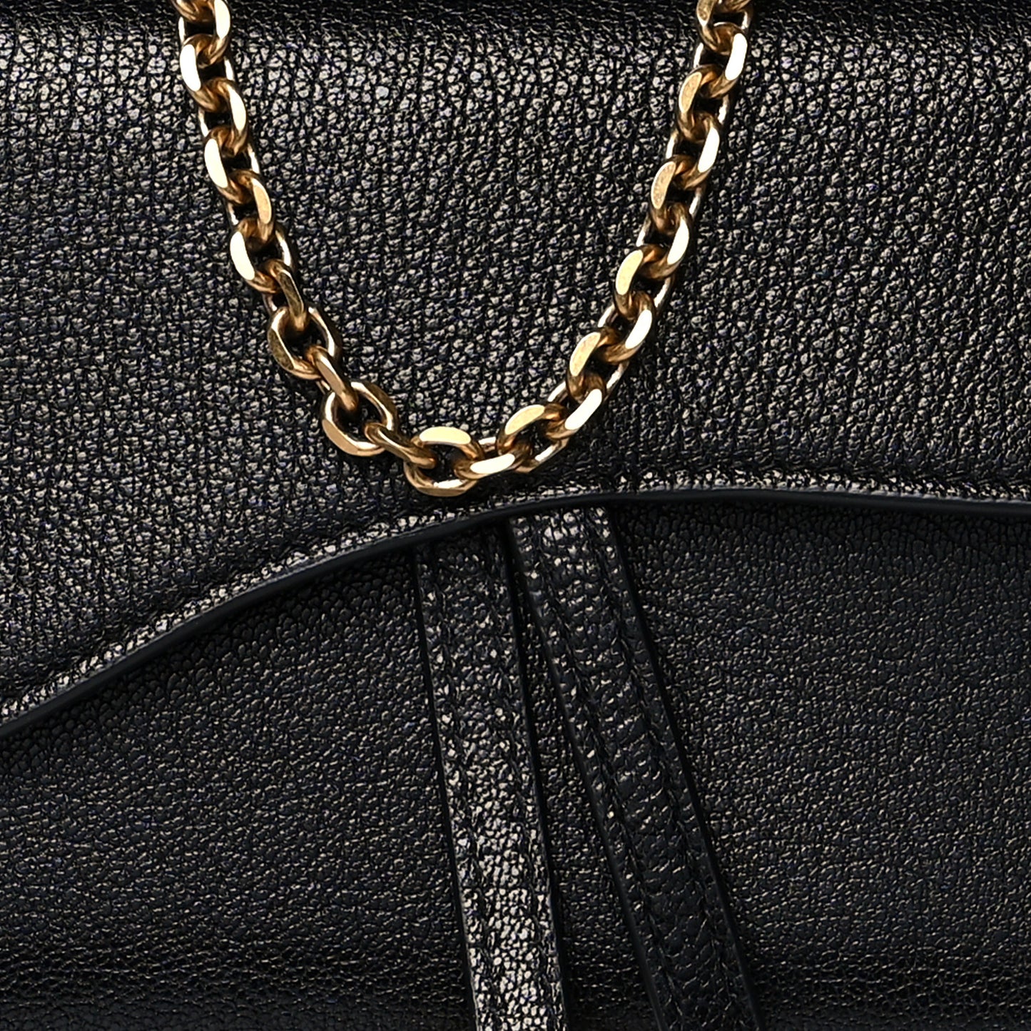 Grained Calfskin Saddle Chain Wallet Pouch Black