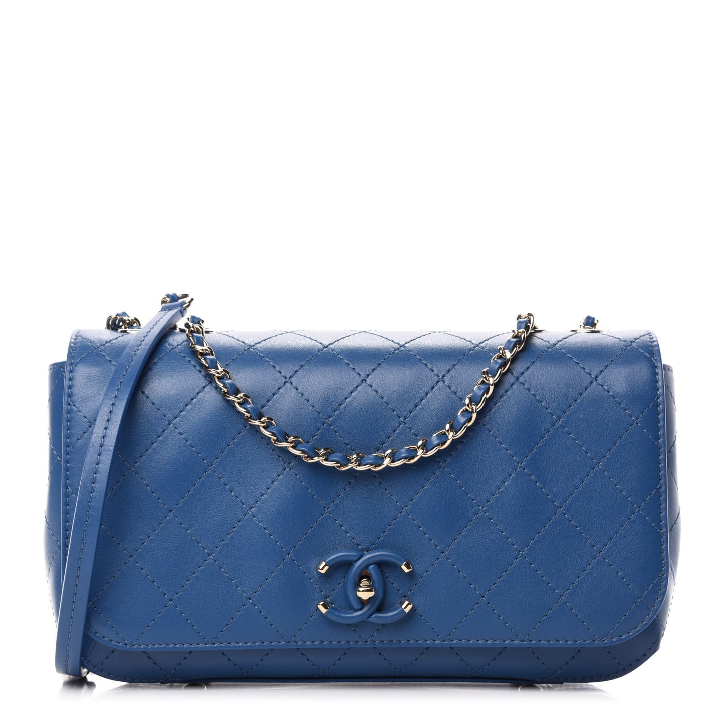Calfskin Stitched Medium Covered CC Flap Bag Blue