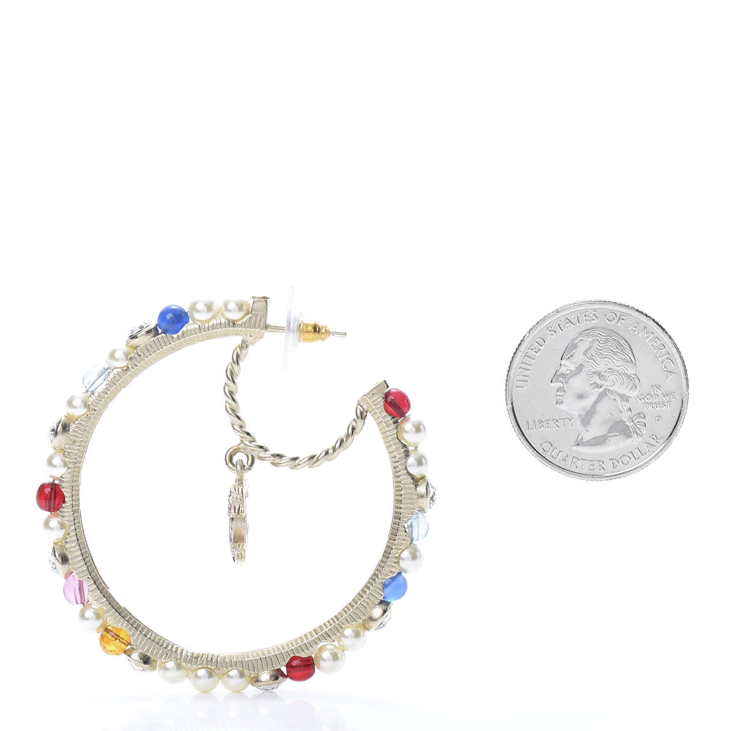Chanel Crystal Pearl Bead CC Drop Hoop Earrings Gold Multicolor 3 of 6