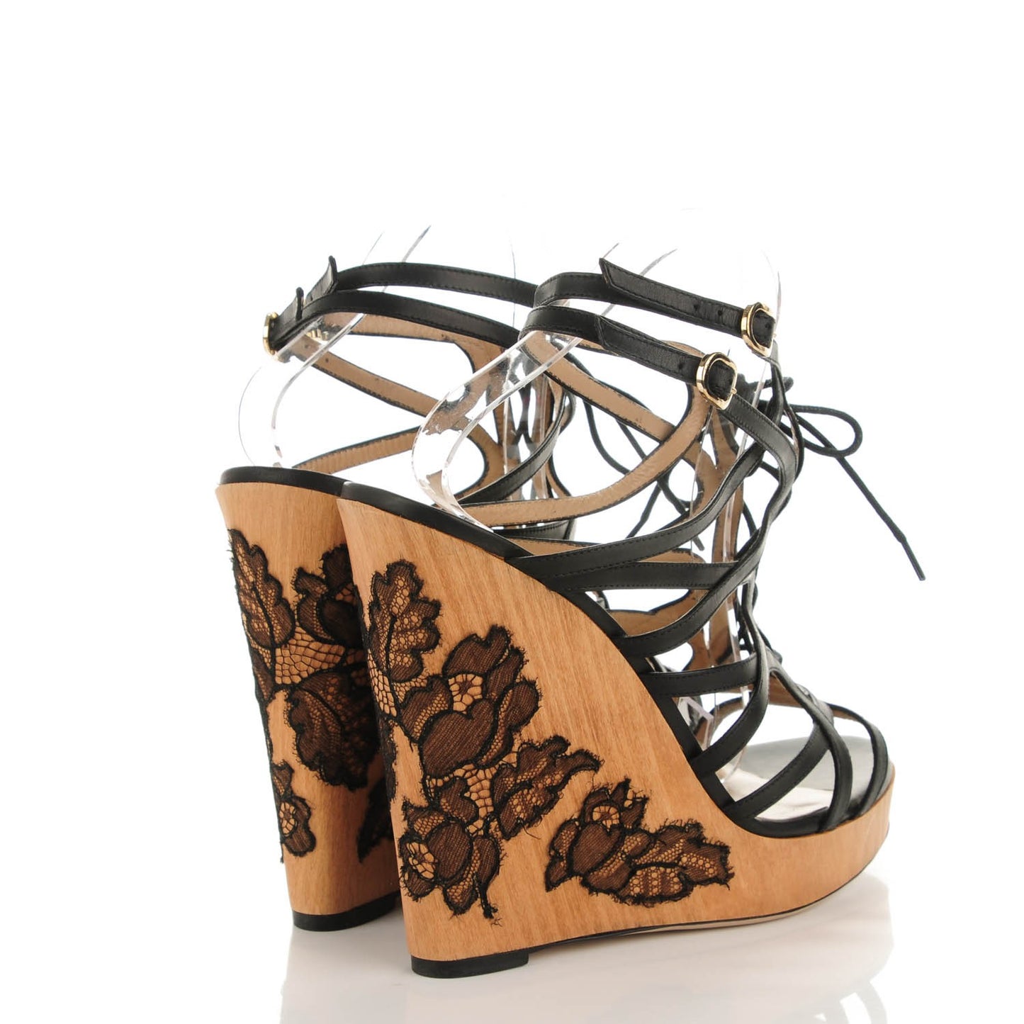 Calfskin Lace Applique Wood Wedge Sandals 40 Black