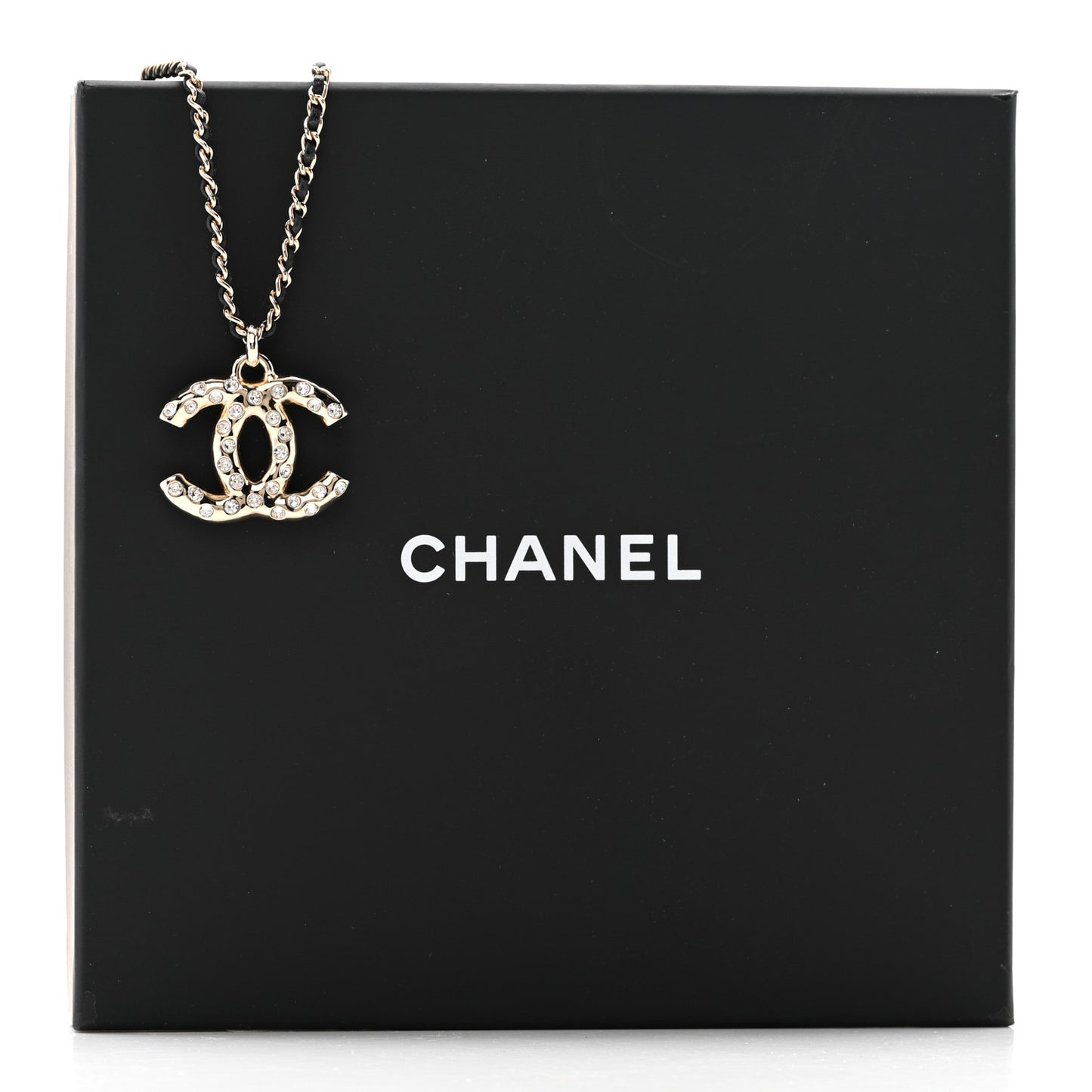 Lambskin Crystal CC Chain Pendant Necklace Black Gold