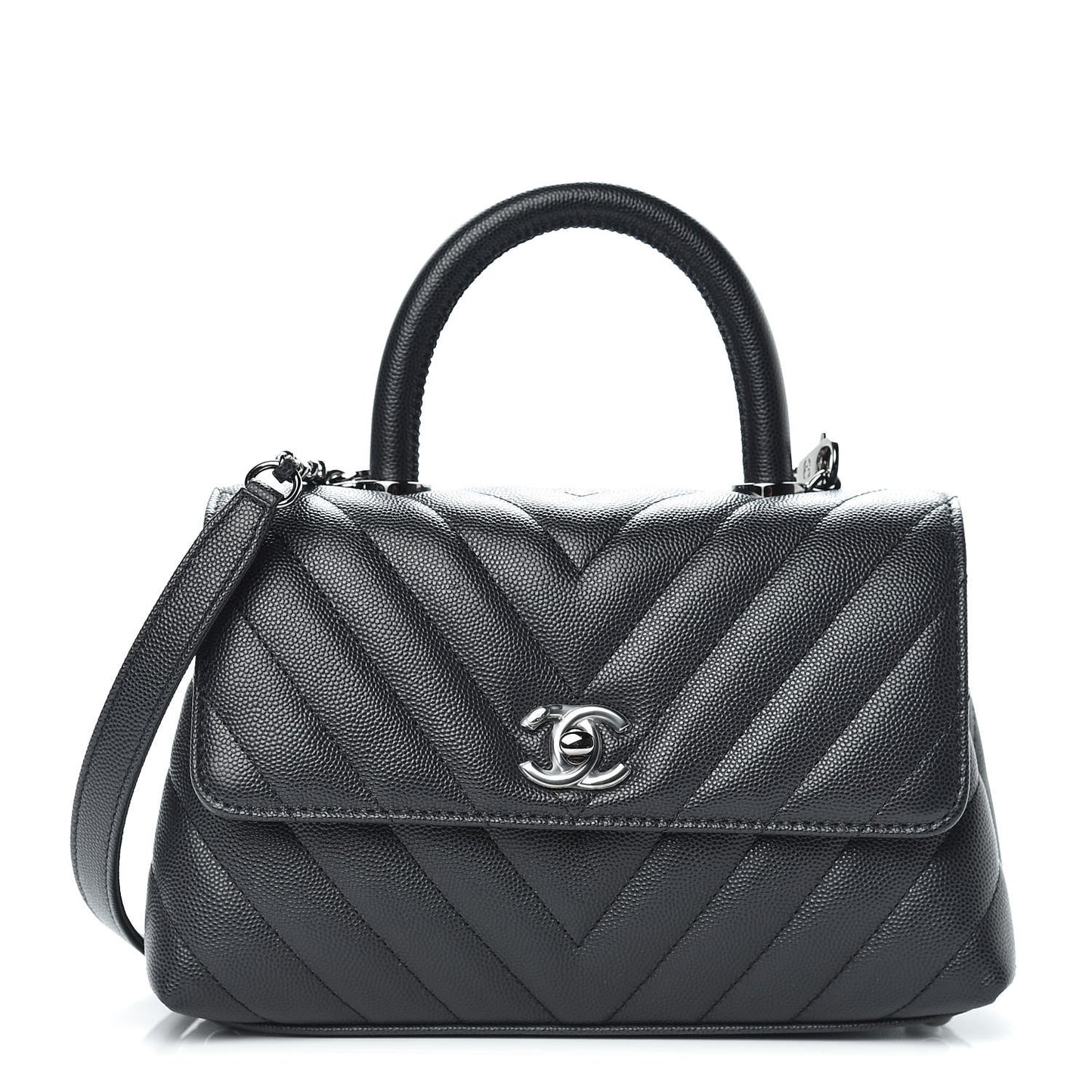 Caviar Chevron Quilted Mini Coco Handle Flap Dark Grey