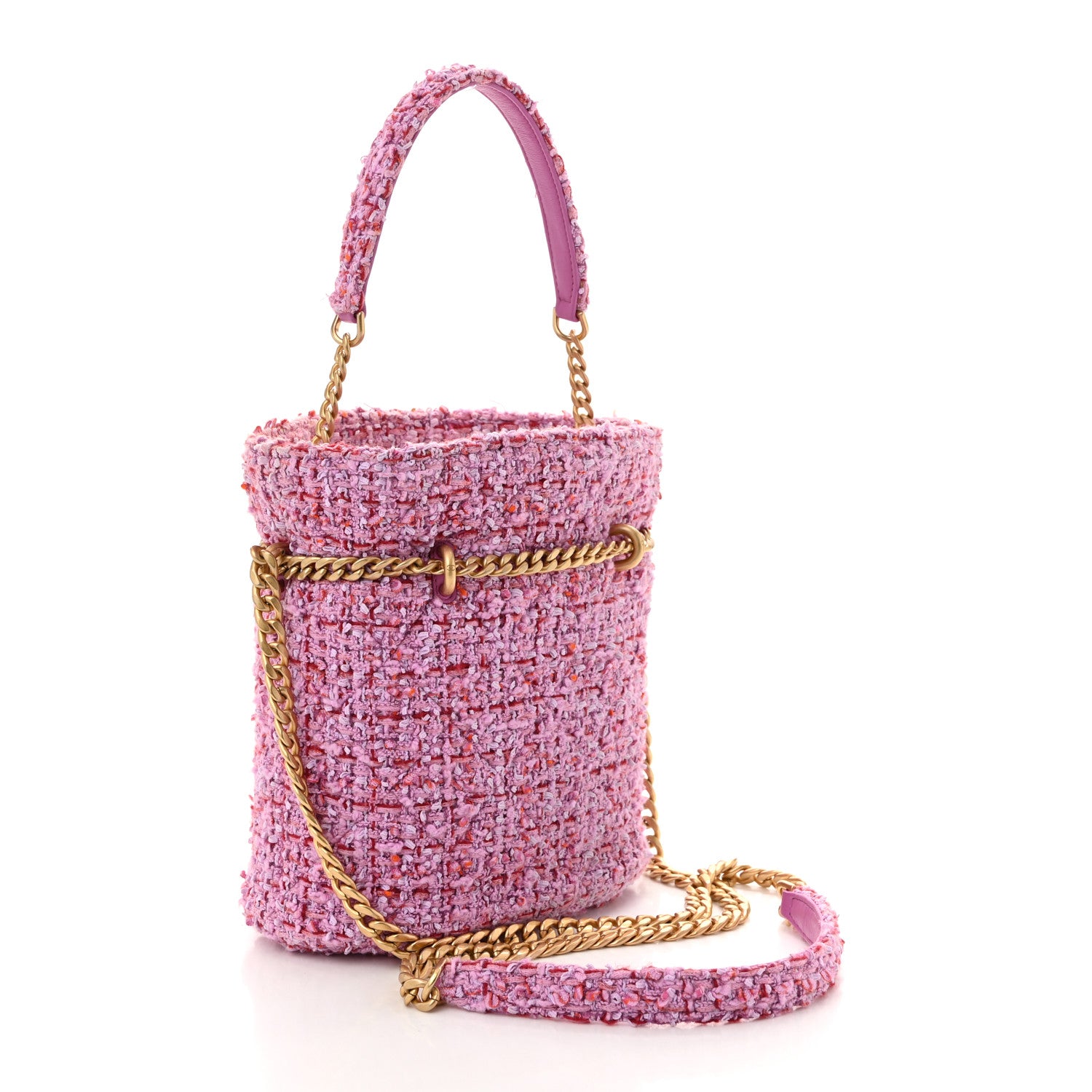 Chanel Tweed Enamel Quilted Pending CC Bucket Drawstring Bag Light Purple Pink Red 3 of 12