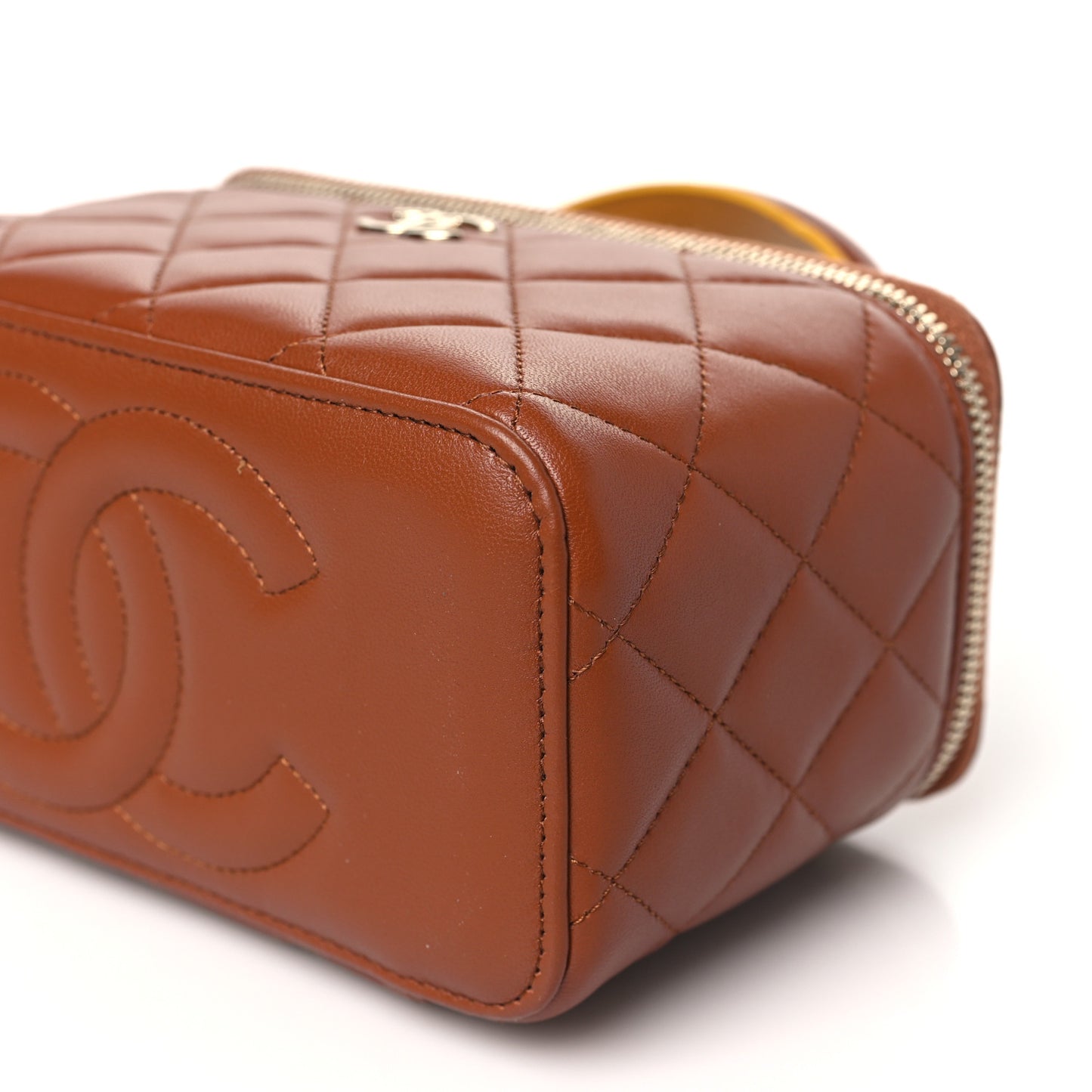 Lambskin Quilted Small Top Handle Vanity Case With Chain Brown Yellow