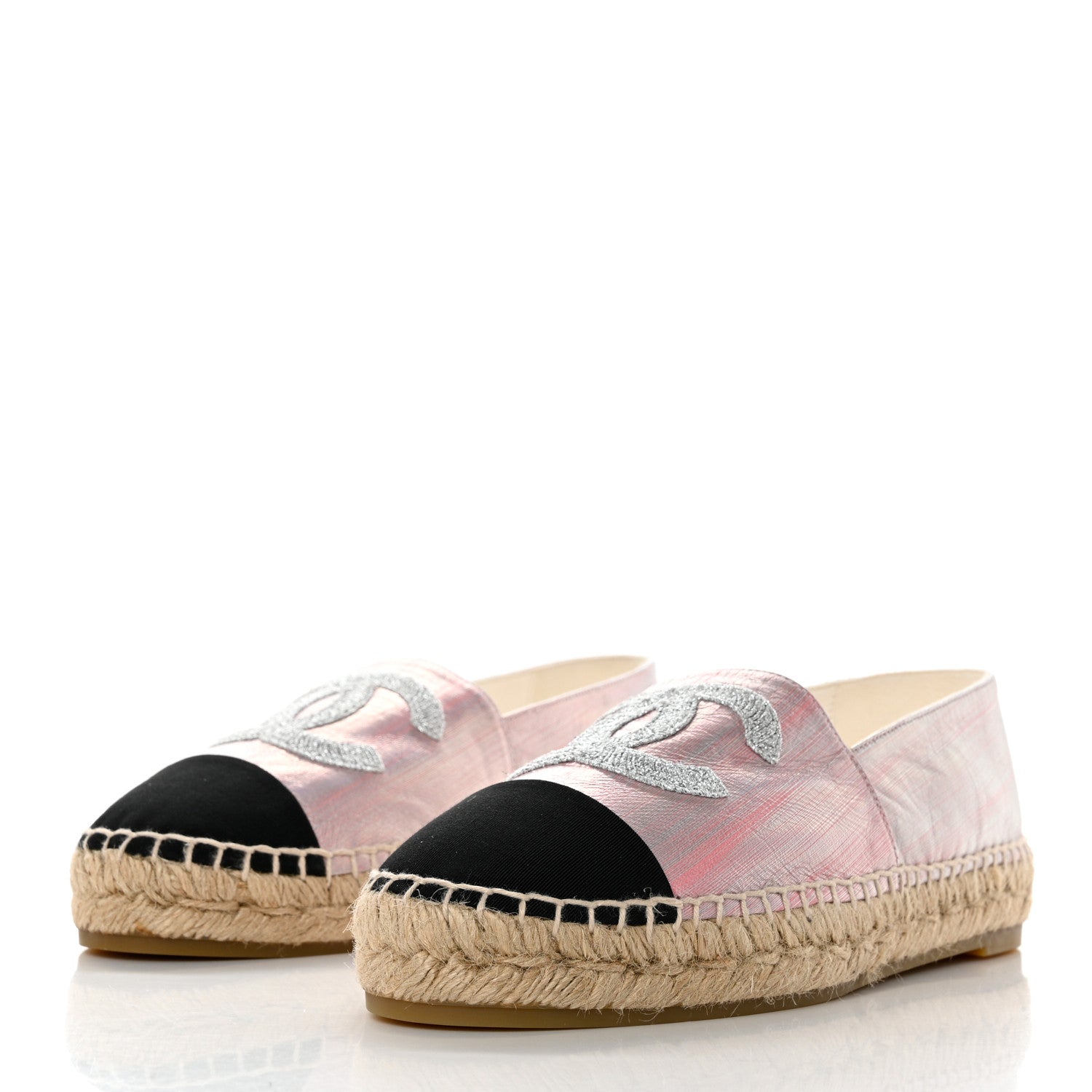 Chanel Laminated Lambskin Grosgrain Embroidered CC Espadrilles 40 Pink Silver Black 3 of 9