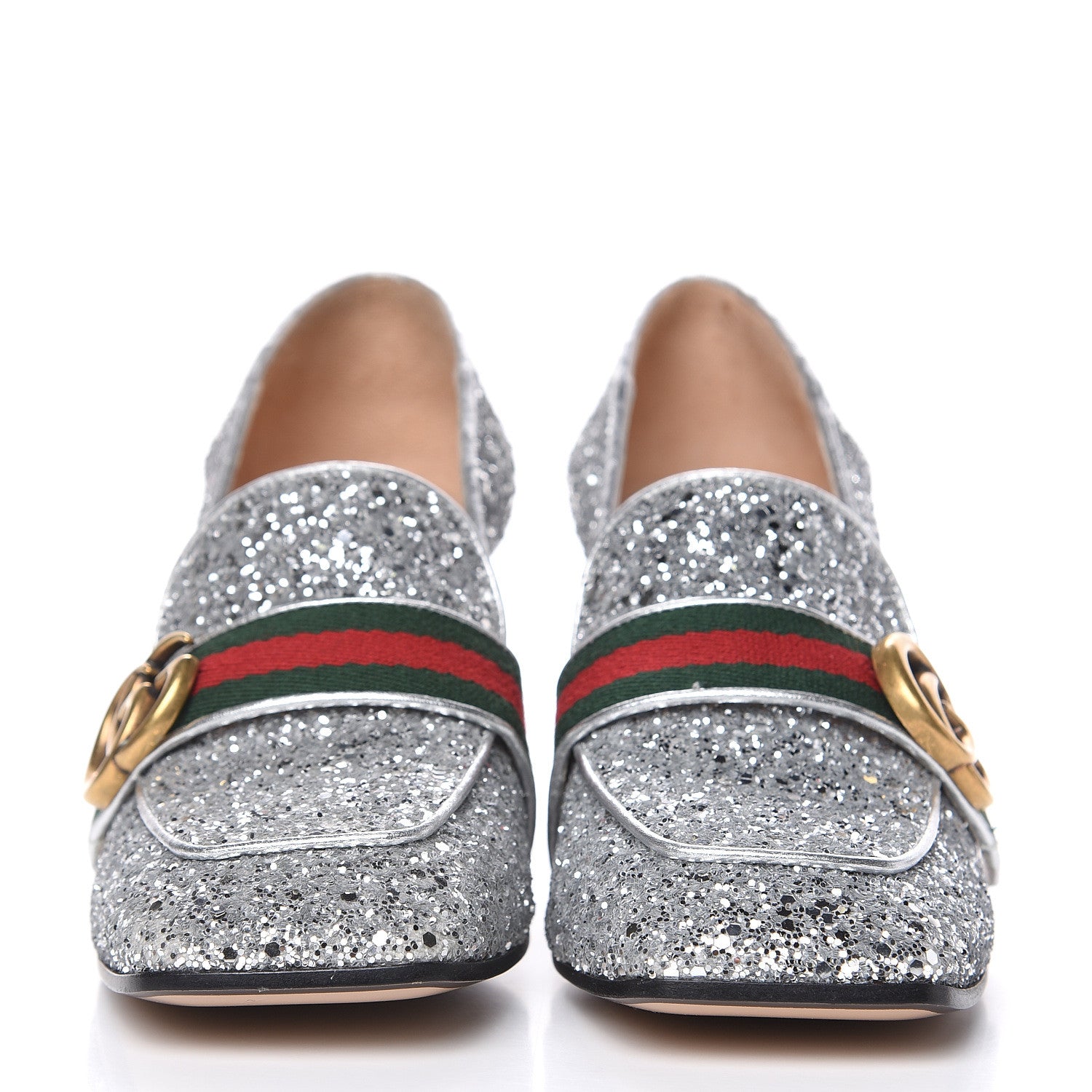 Gucci Glitter Nappa Web Peyton 75mm Loafer Pumps 38 Argento 2 of 9