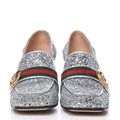 Gucci Glitter Nappa Web Peyton 75mm Loafer Pumps 38 Argento 2 of 9