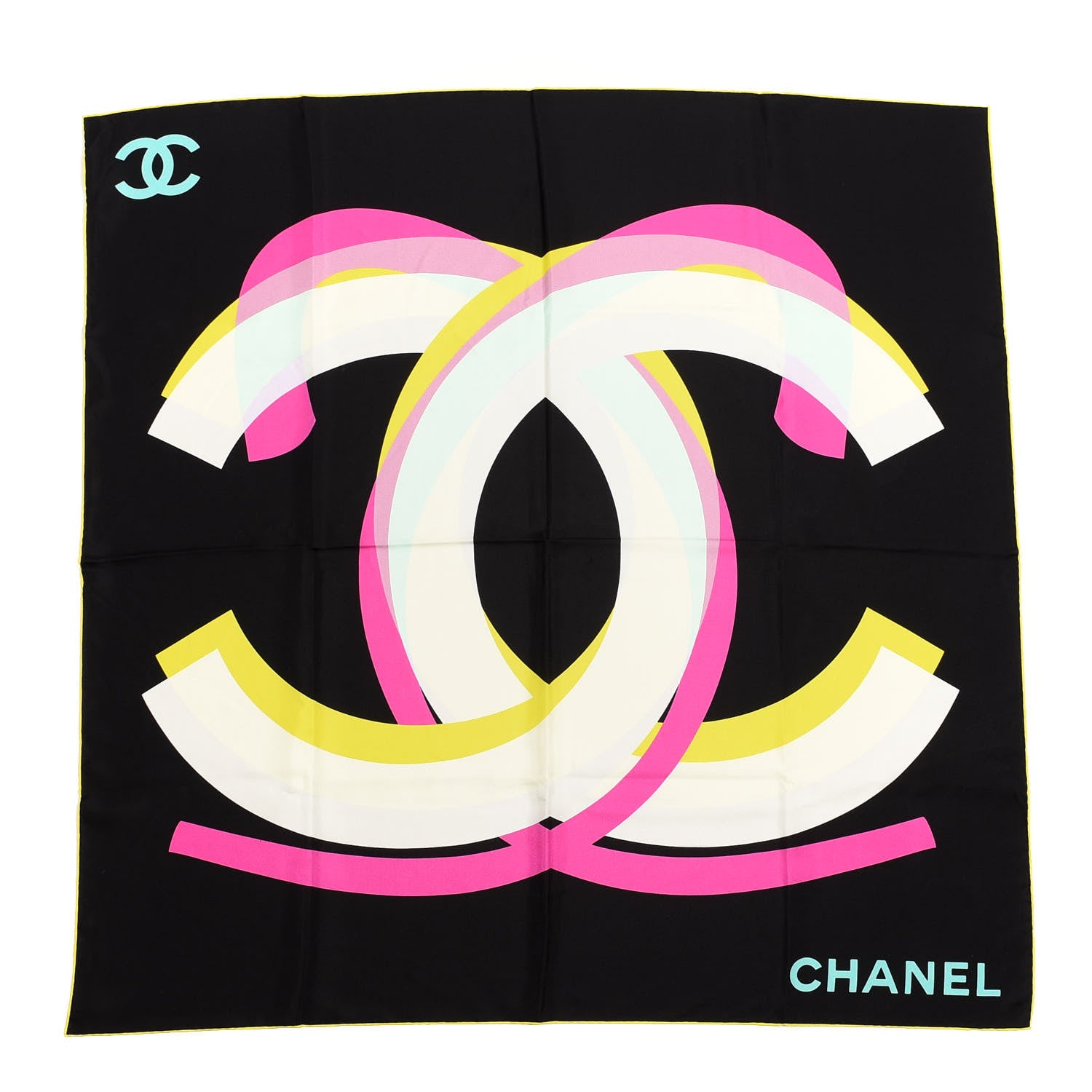 Chanel Silk CC Square Scarf Black Black Pink Yellow 1 of 3