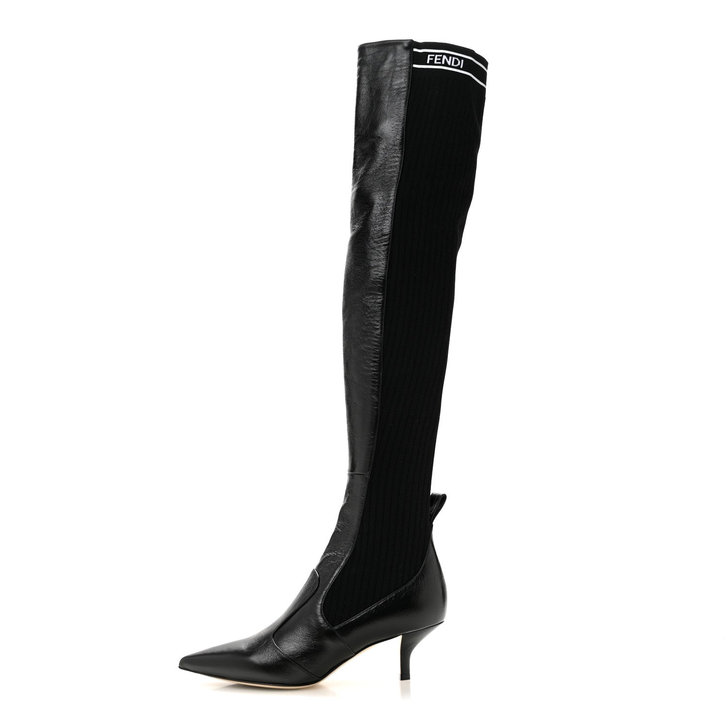 Fendi Vitello Lucido Stretch Fabric Logo Rockoko Thigh High Sock Boots 38 Black White 1 of 8