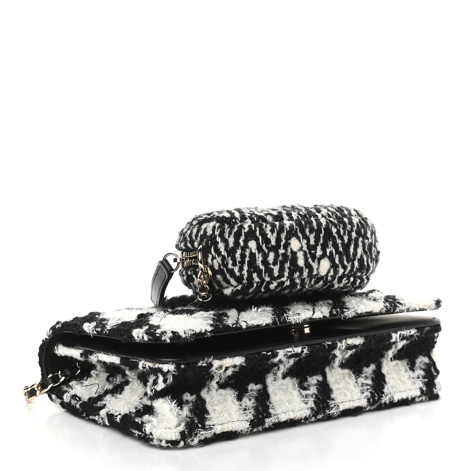 Chanel Tweed Shearling Quilted Chanel Wallet On Chain WOC and Coin Purse White Black 4 of 10