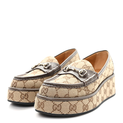 Gucci Monogram Horsebit Calfskin Womens Horsebit Wedge Platform Loafers 35.5 Beige Ebony 4 of 8