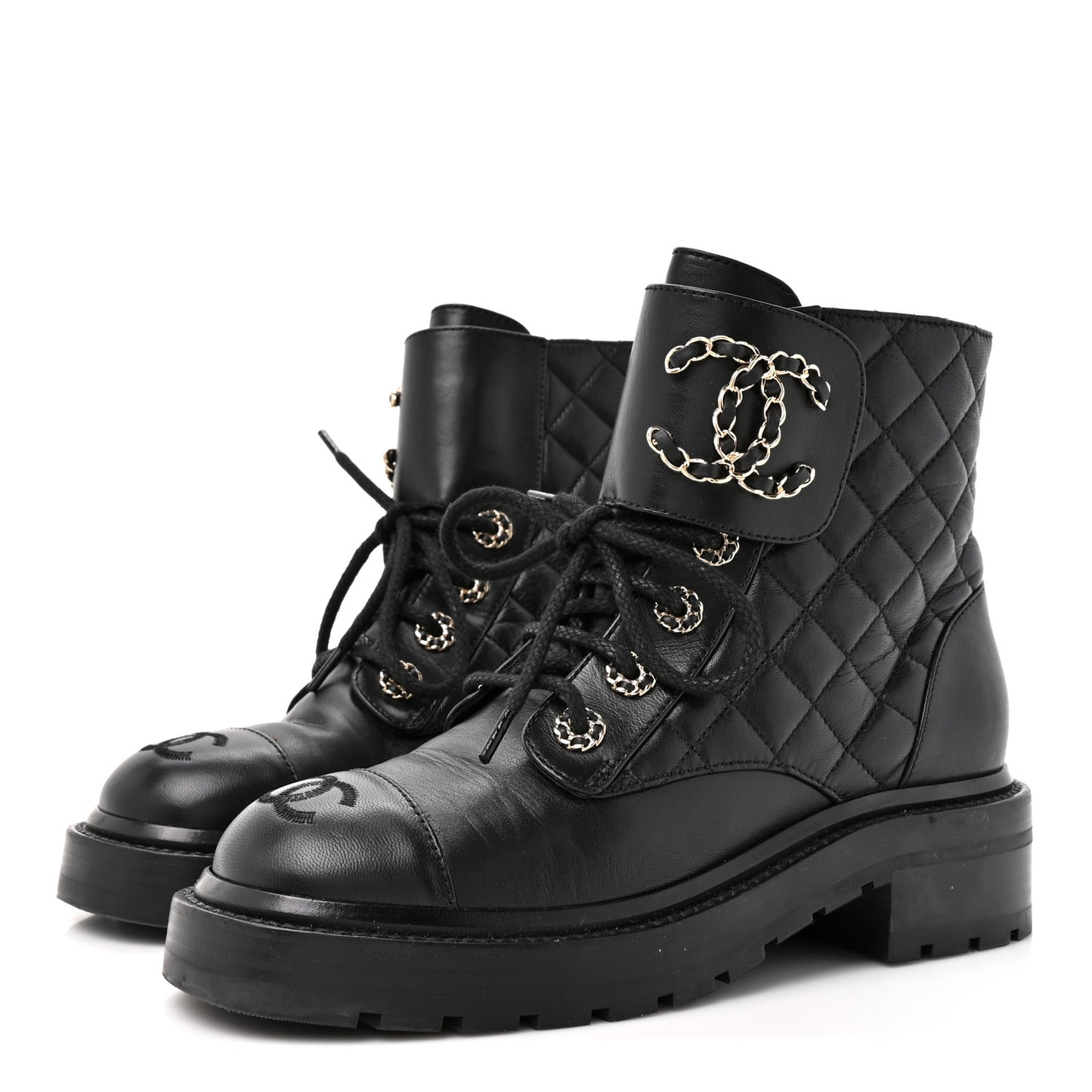 Shiny Goatskin Calfskin Quilted Lace Up Combat Boots 35.5 Black