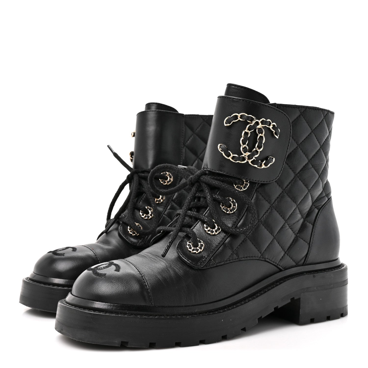 Chanel Shiny Goatskin Calfskin Quilted Lace Up Combat Boots 35.5 Black 3 of 8