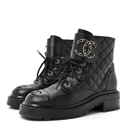 Chanel Shiny Goatskin Calfskin Quilted Lace Up Combat Boots 35.5 Black 3 of 8