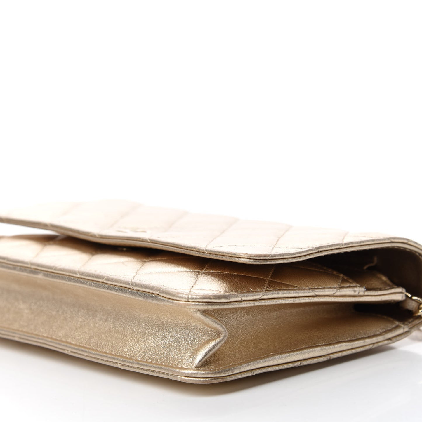 Metallic Lambskin Quilted Wallet On Chain WOC Gold