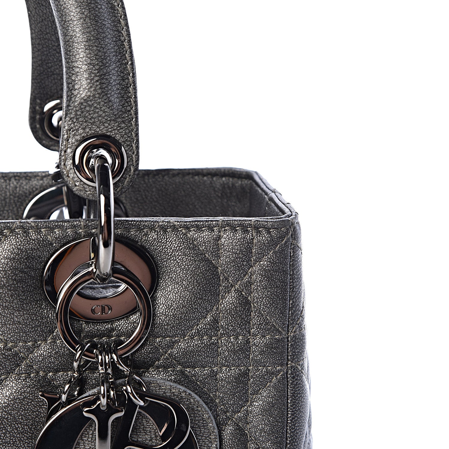 Christian Dior Metallic Lambskin Cannage Medium Lady Dior Gunmetal 13 of 15