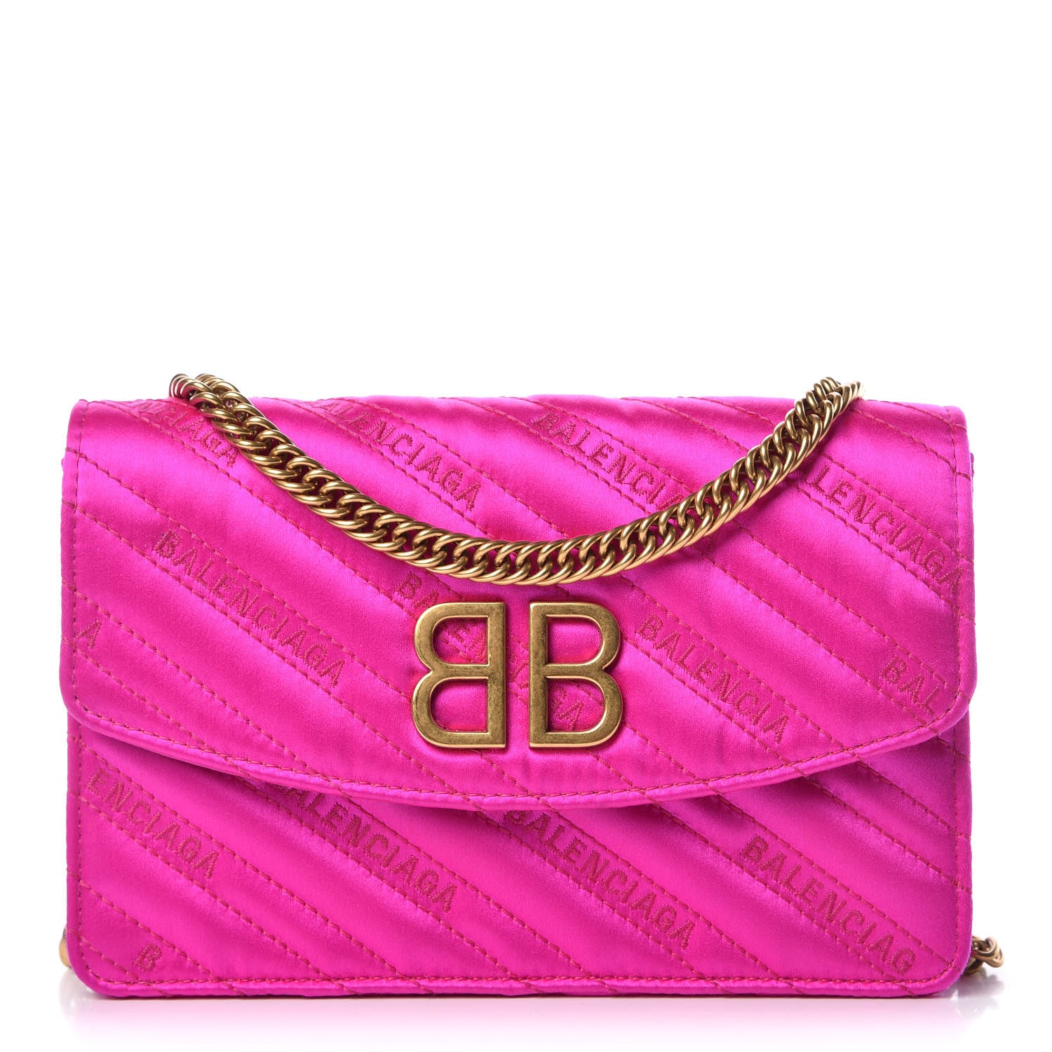 Balenciaga Satin Jacquard Logo Matelasse BB Wallet On Chain Fuchsia 1 of 12