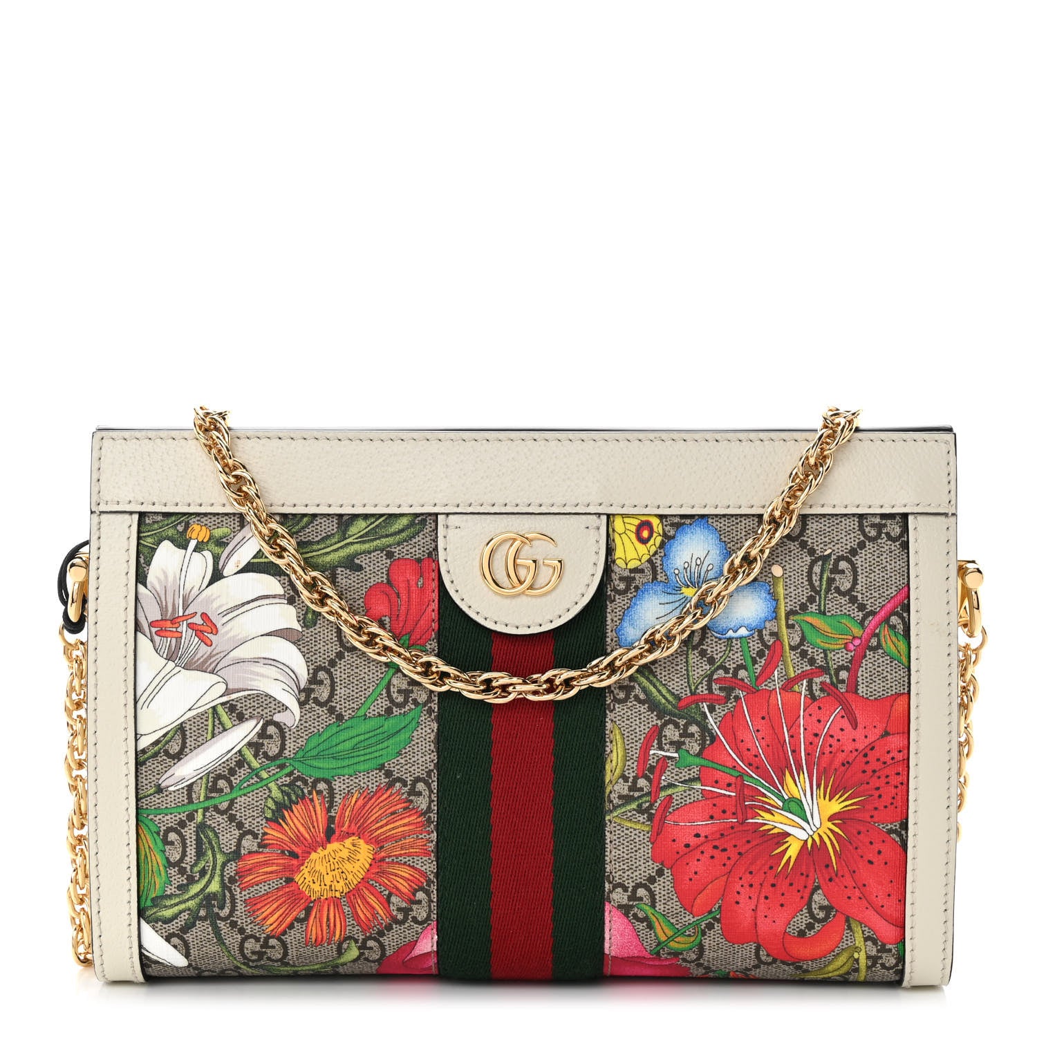 Gucci GG Supreme Monogram Flora Web Small Ophidia Chain Shoulder Bag White 1 of 11