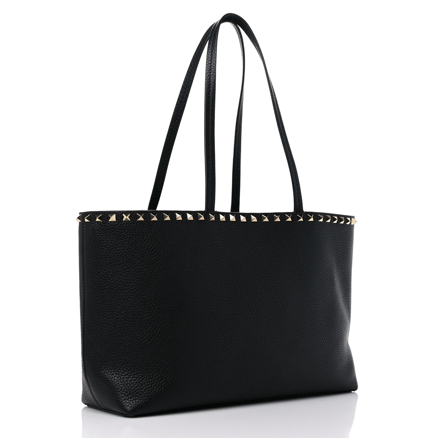 Grained Calfskin Small Rockstud Shoulder Tote Black