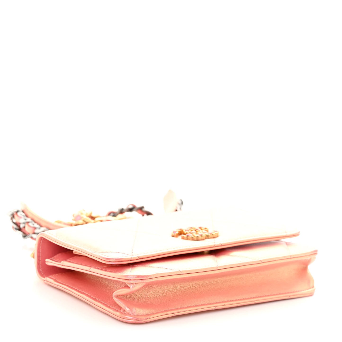 Iridescent Calfskin Quilted Chanel 19 Wallet On Chain WOC Pink